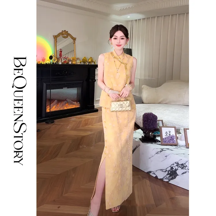 余潇潇【美人金秋】新中式设计感定制提花亮片镶边立领马甲半裙套装