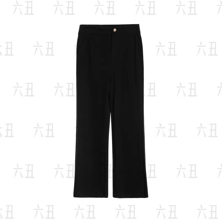 【六丑】新款夏季时尚休闲百搭黑色显瘦金扣直筒休闲裤506XXK0135