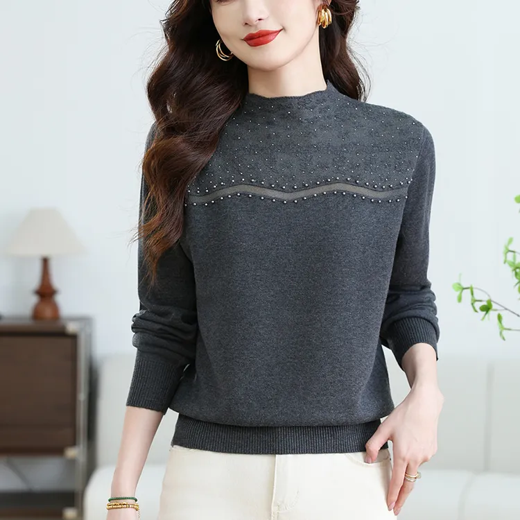 蕾丝拼接提花毛衣百搭镶钻气质女装打底衫秋冬新款妈妈针织衫漂亮