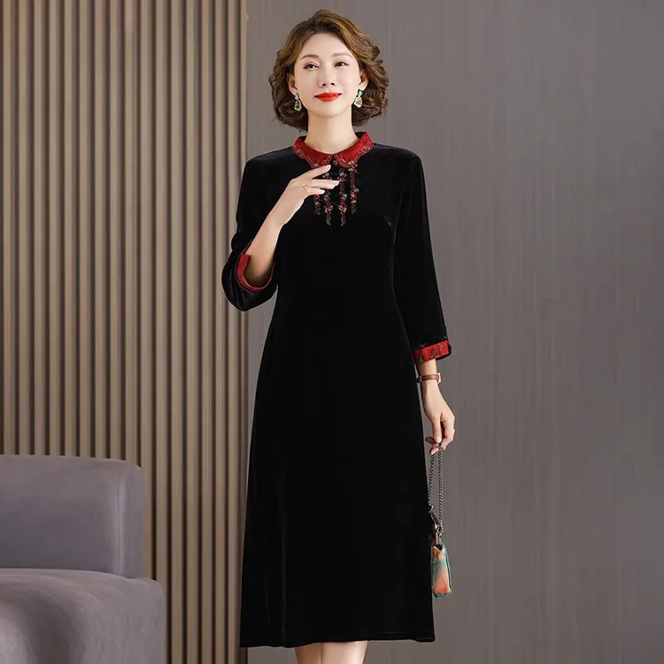 小个子丝绒连衣裙高端黑色真桑蚕丝绒连衣裙长袖改良旗袍礼服喜婆