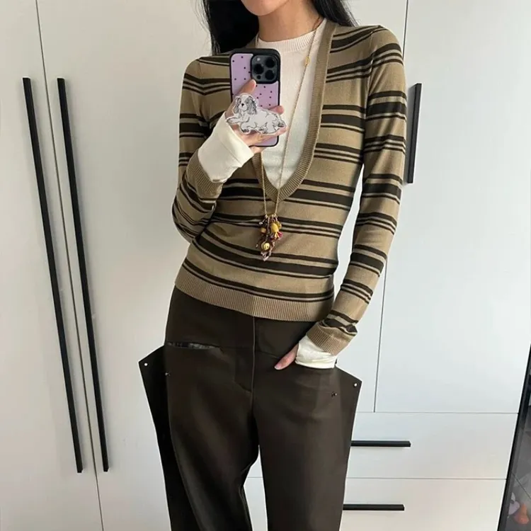 早秋上新假两件t恤女秋季穿搭撞色条纹长袖修身打底上衣