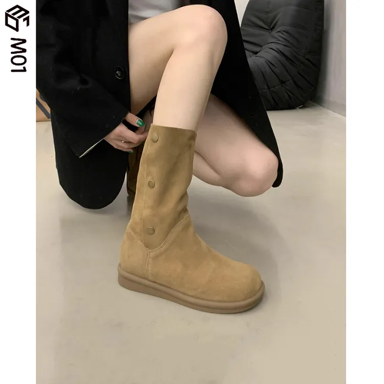 M01法式平底磨砂皮中筒靴女鞋子2025新款西部牛仔靴圆头骑士靴女