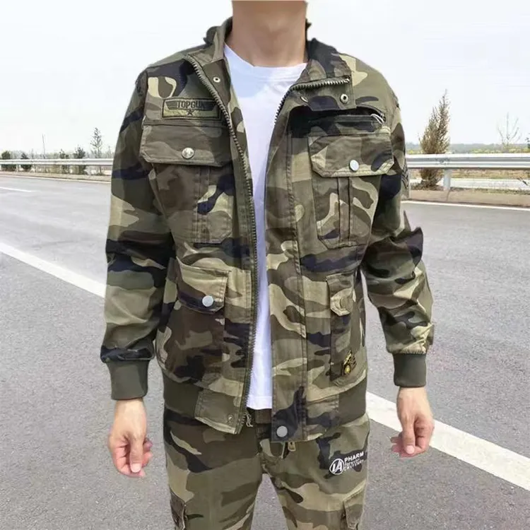 春秋纯棉弹力迷彩工作服套装男女同款电焊工地汽修防烫耐磨劳保服