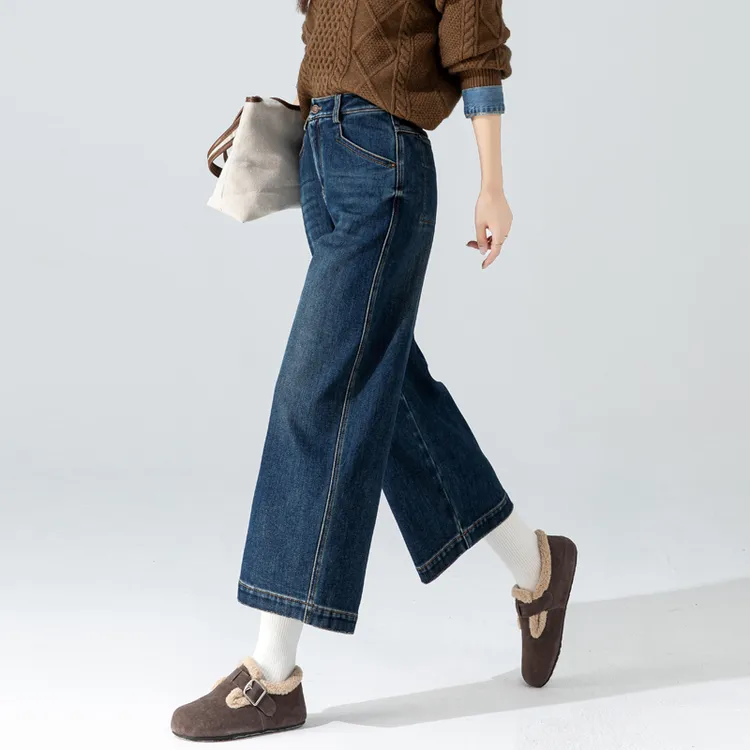 九分加绒牛仔裤女款爆款2025新款冬季加厚八分设计感小个子阔腿裤