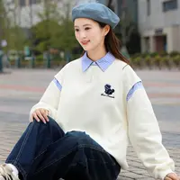 初中生卫衣女甜美polo领高中生小猫咪刺绣上衣大童洋气上衣春秋季