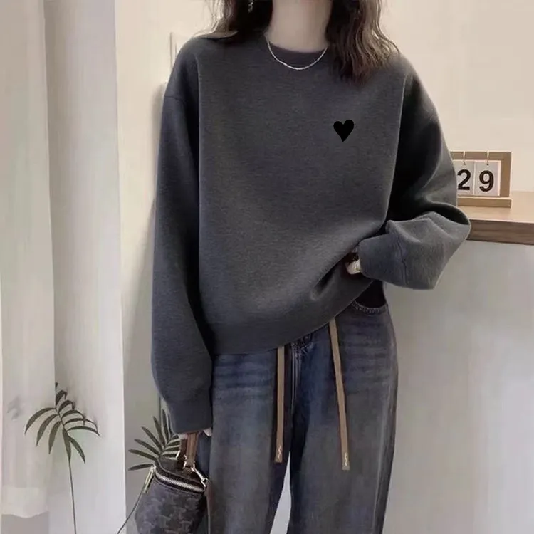 深灰色百搭圆领短款卫衣女新款欧货宽松休闲套头长袖棉质女式线圈