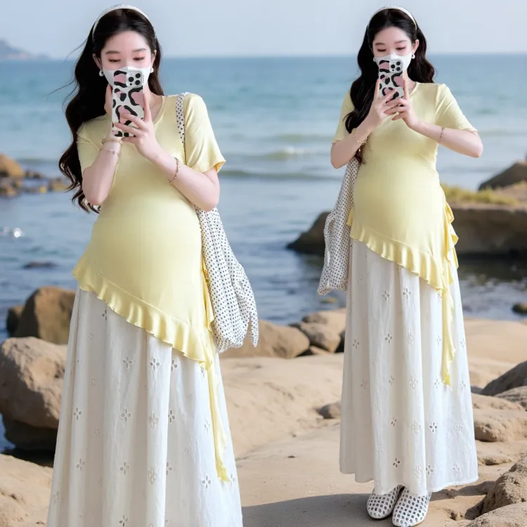 孕妇装夏季2025新款时尚不规则上衣显瘦半身裙潮妈孕期穿搭两件套