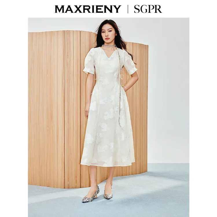 【商场同款新品】MAXRIENY肌理提花连衣裙收腰长裙泡泡袖欧若智性风