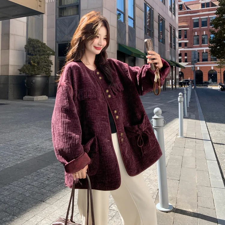 复古红色雪尼尔小个子棉服外套女2025新款冬季韩系设计感宽松棉袄