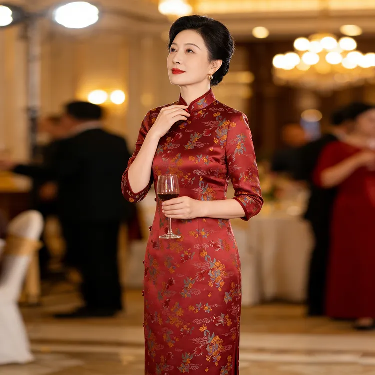 优雅气质妈妈旗袍秋季新款中国风全开襟日常改良红色提花268037