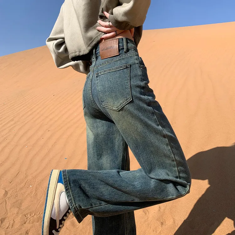 哥家2025秋冬水泥灰牛仔裤直筒宽松小个子高腰窄版阔腿裤