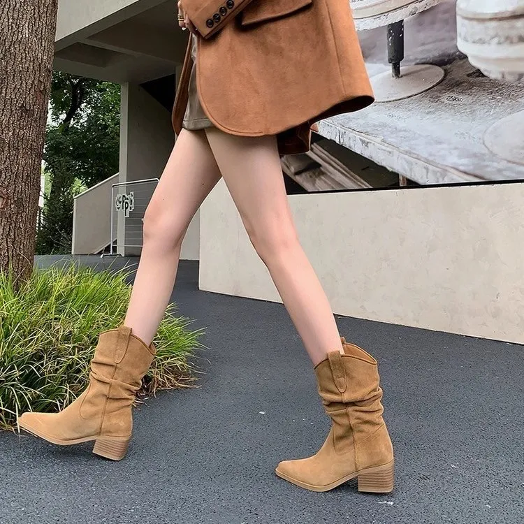尖头褶皱堆堆靴女2025年新款中筒骑士靴复古西部牛仔靴美拉德短靴