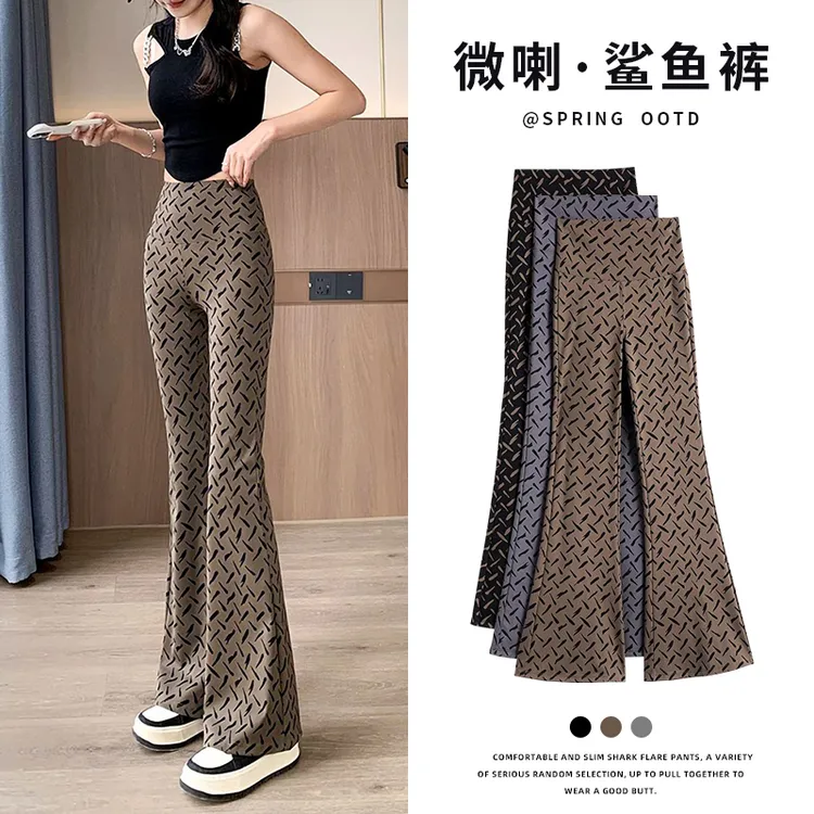 星空点印花微喇瑜伽裤女2025春秋新款高腰收腹弹力运动鲨鱼喇叭裤