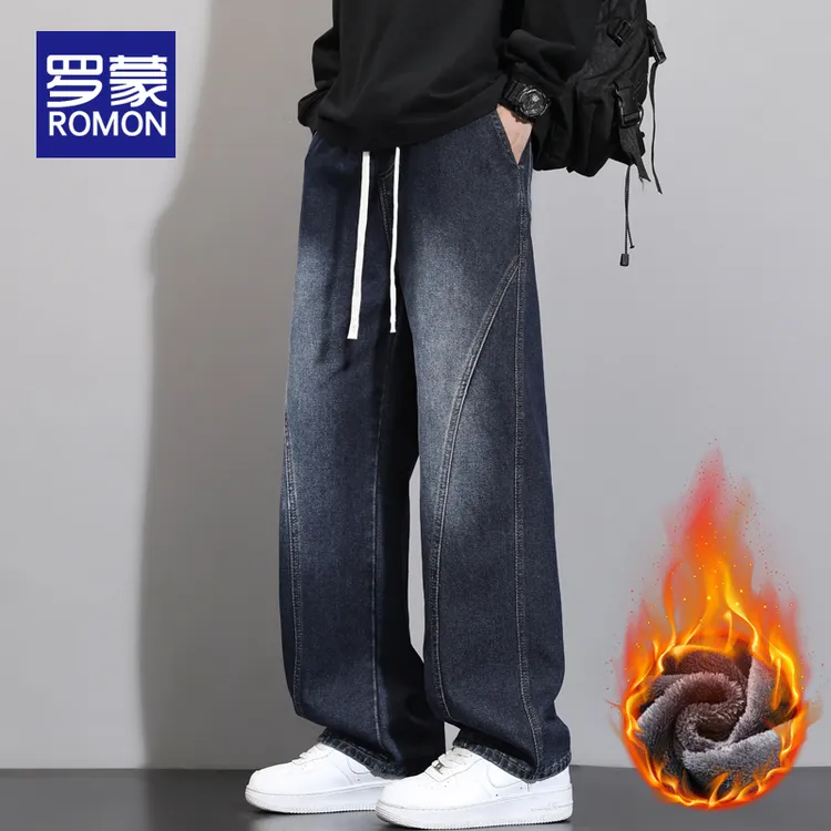 罗蒙冬季美式加绒牛仔裤男士秋冬款复古潮流宽松直筒保暖裤子男款
