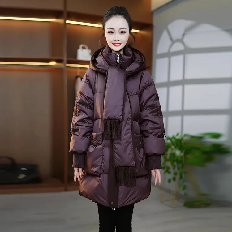 冬季新款优雅时尚百搭气质显瘦减龄带围巾白鸭绒中长款羽绒服外套