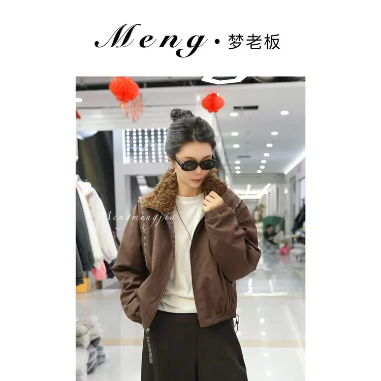 主播专享【百搭王升级版】加绒加厚潮流拼接格子毛领款上衣外套Q80