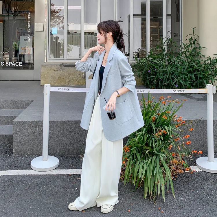 韩系浅蓝色休闲西装外套2025秋新款超好看设计感气质通勤西服上衣
