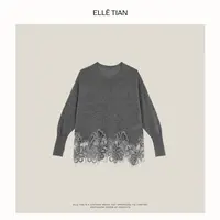 ELLETIAN “光影故事” 100山羊绒 刺绣下摆蕾丝圆领针织衫EAQZ042
