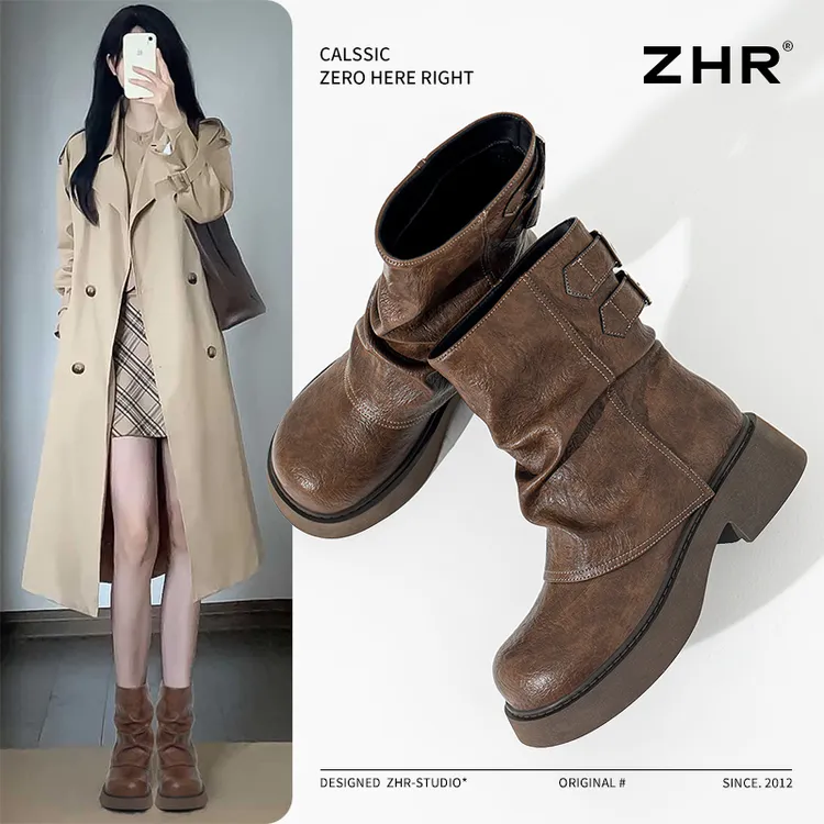 ZHR/则则短靴女2025新款冬加绒厚底复古棕色靴子骑士靴西部牛仔靴