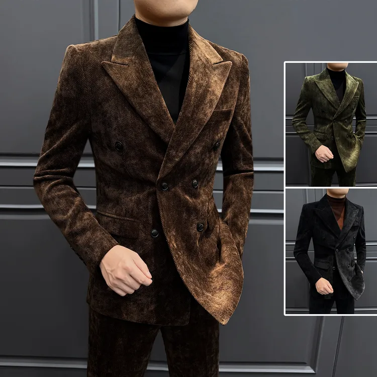 雪尼尔休闲西装外套男款爆款2025新款冬季商务戗驳领男士西服套装