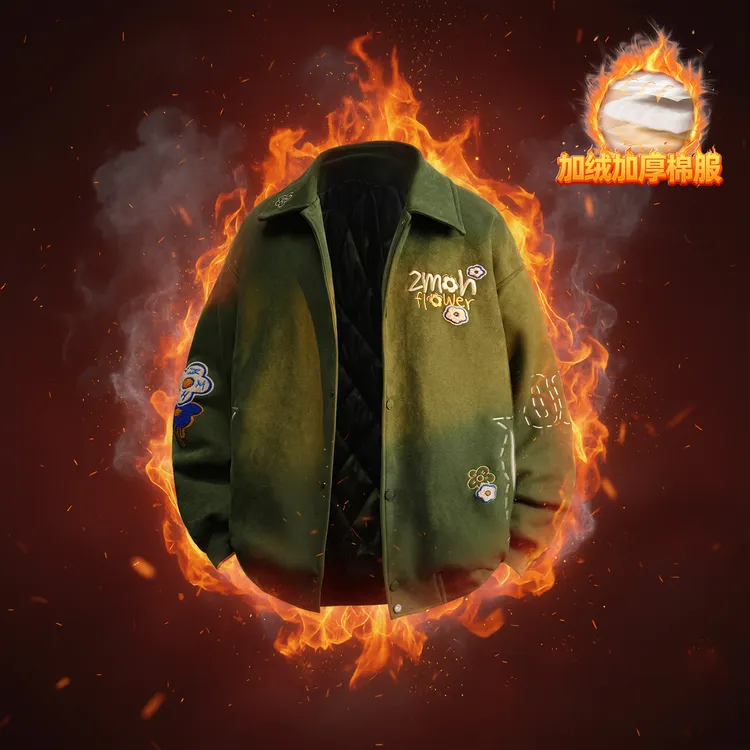 【棉服】ZMOH冬季保暖刺绣仿麂皮绒外套落肩夹克宽松棉服情侣同款