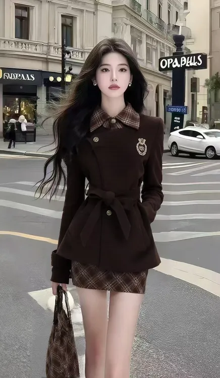 秋季韩版小众高级小香风咖色长袖收腰系带外套女通勤时尚气质女装