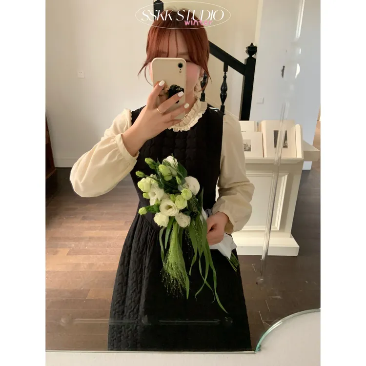 KMZY/KMZY山_山【心动剧场】微胖韩版圆领夹棉简约收腰棉服连衣裙女