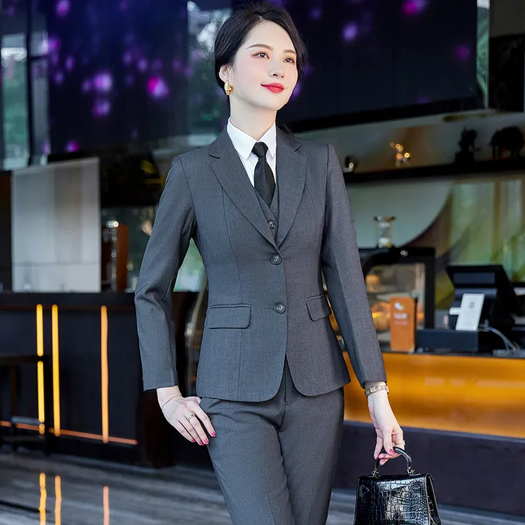气质修身韩版灰色西装外套女春季商务职业装4S店销售团体工作西服