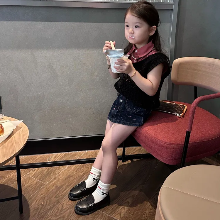 壹妈韩版童装女童夏季套装洋气儿童针织背心polo领上衣牛仔半裙潮