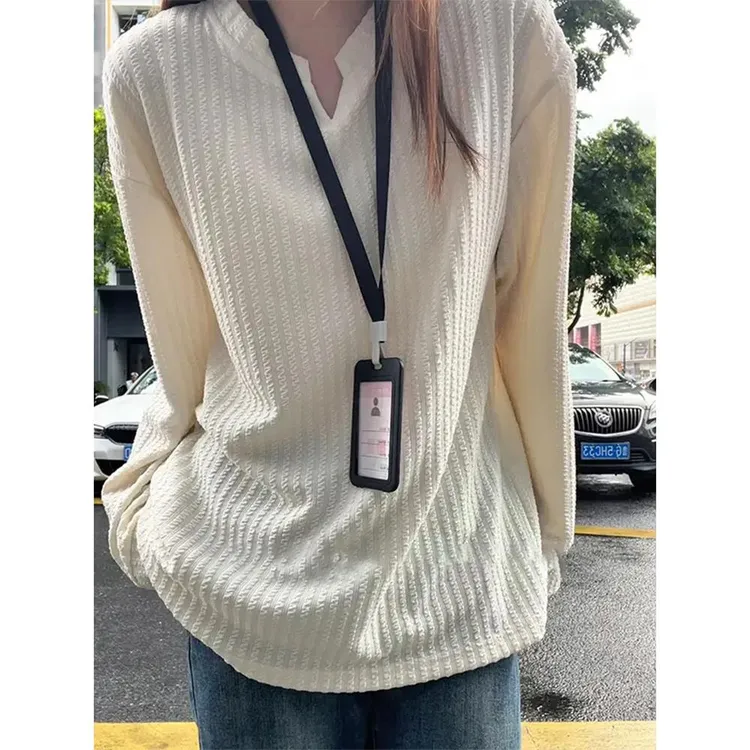 杏色肌理感v领长袖T恤男女秋季cleanfit透气防嗮卫衣纯色休闲上衣