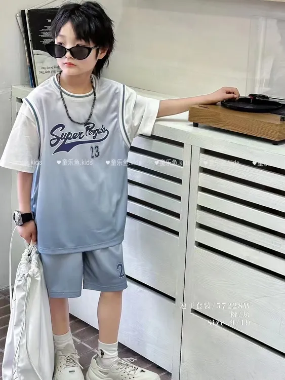男夏季套装韩版运动套装男童拼接速干休闲风女篮球服夏款