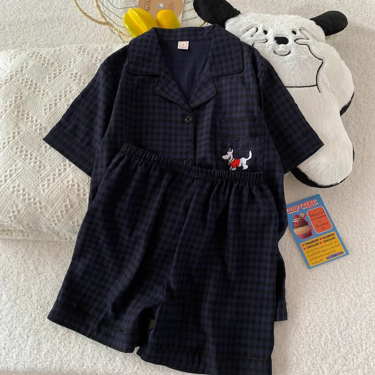 格子小狗云朵棉睡衣女短袖短裤学生卡通可爱美少女夏季家居服套装