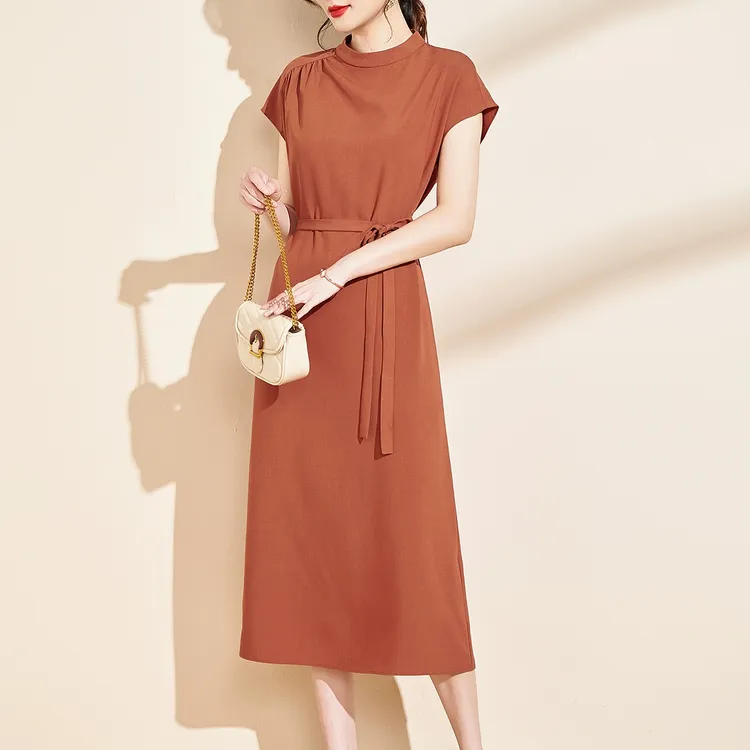中长款连衣裙女2025夏装新今年流行爆款落肩气质短袖系带圆领显瘦
