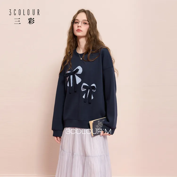 三彩2025秋冬季新款蝴蝶结藏青色卫衣加绒圆领套头衫休闲宽松女M