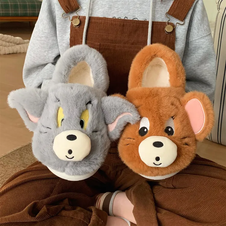  细细条 男女汤姆杰瑞鼠棉拖鞋儿童正版猫和老鼠时尚亲子毛毛鞋冬