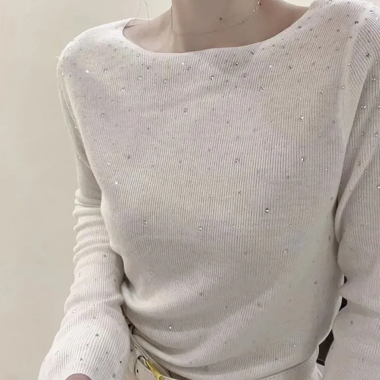 韩版时尚重工烫钻洋气毛针织衫女今年流行爆款修身显瘦打底衫上衣