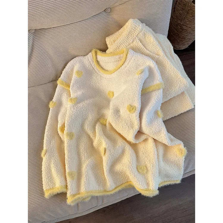 冬季软糯立体爱心针织半边绒睡衣女新款毛绒加厚长袖家居服套装女