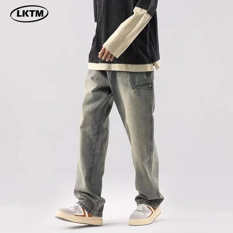 LKTM男装#2024新款潮牌男士牛仔裤男夏季美式宽松直筒高街长裤子