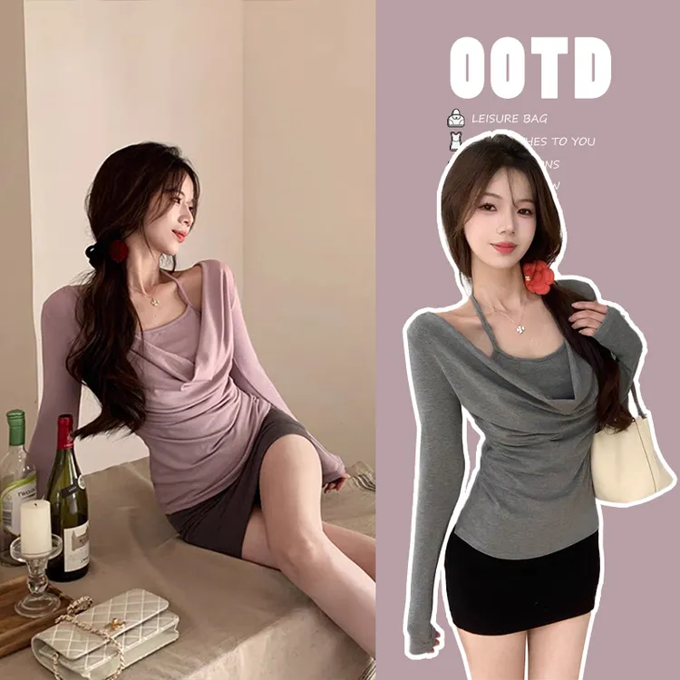 高级感挂脖一字领假两件掐腰显瘦打底衫上衣内搭