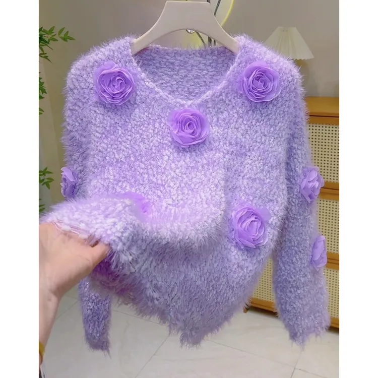 向-玫瑰花款破边甜美针织毛衣秋冬新款软糯亮丝温柔风宽松针织衫