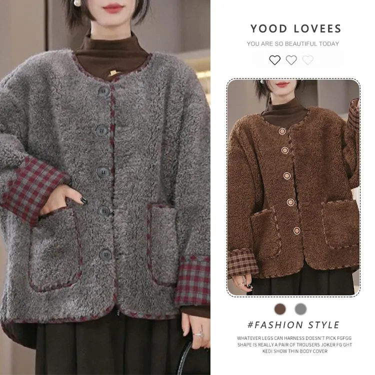 小香风毛毛圆领外套女2025秋冬新款韩版袖口撞色宽松时尚加厚上衣