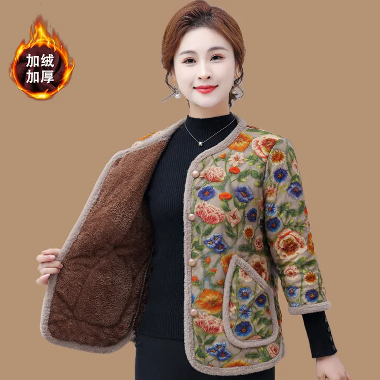 金狐狸妈妈秋冬季七分棉衣加绒加厚保暖碎花棉服外套中老年女装中