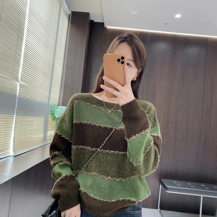 IMFLY金小金自制女装 莱赛尔羊毛衫DYW9723条纹慵懒风女士上衣