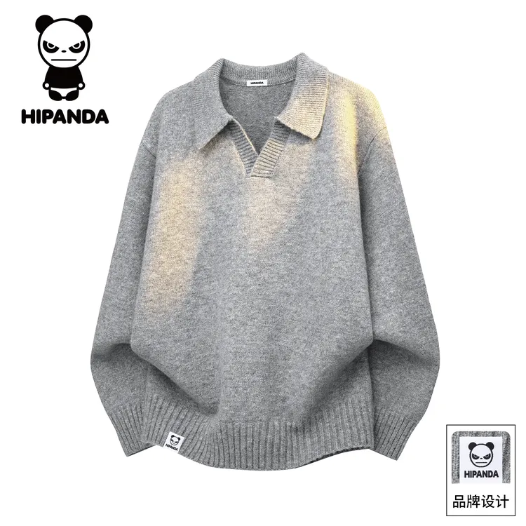 Hi Panda你好熊猫秋冬季日系polo领长袖毛衣男士宽松百搭休闲上衣