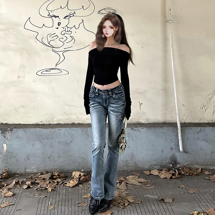 裤长107cm 高个子复古辣妹加长低腰水洗做旧重工微喇牛仔裤女显瘦