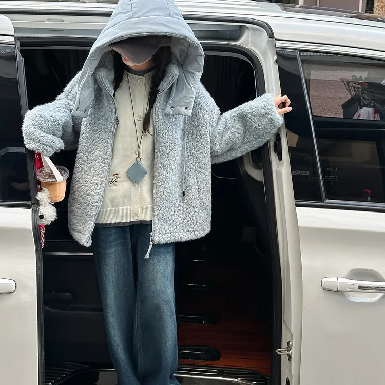 女童秋冬新款毛毛衣外套潮流时尚连帽加厚休闲外套