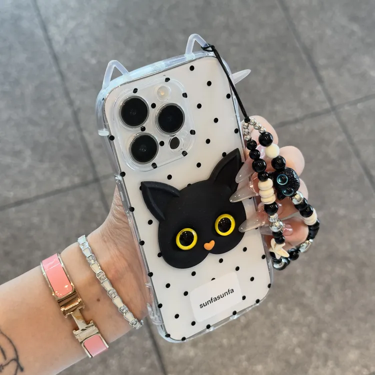 GGBond立体大眼黑猫挂链适用iPhone16/15苹果14猫耳朵手机壳13/12