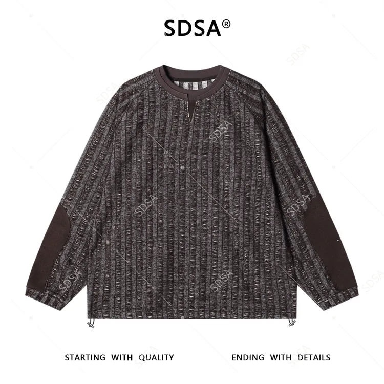 SDSA男士秋冬新款痞帅男装拼接磨破竖纹圆领卫衣下摆松紧设计上衣