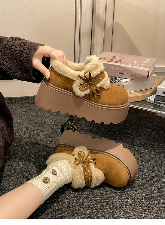啄木鸟加绒厚底雪地棉鞋女冬2025新款外穿保暖增高复古勃肯鞋子