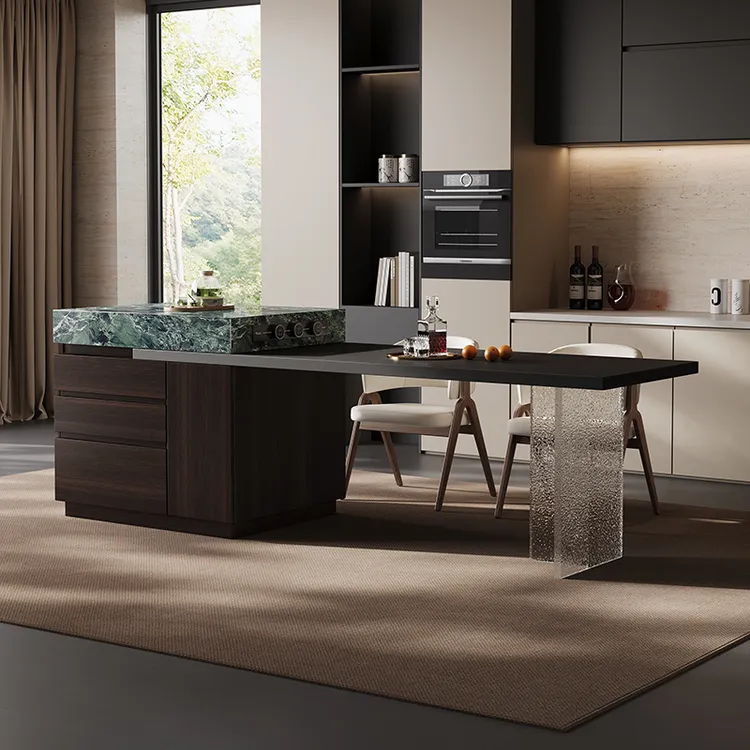 轻奢岛台岩板办公室岛台一体家用可伸缩多功能长方形亚克力饭桌